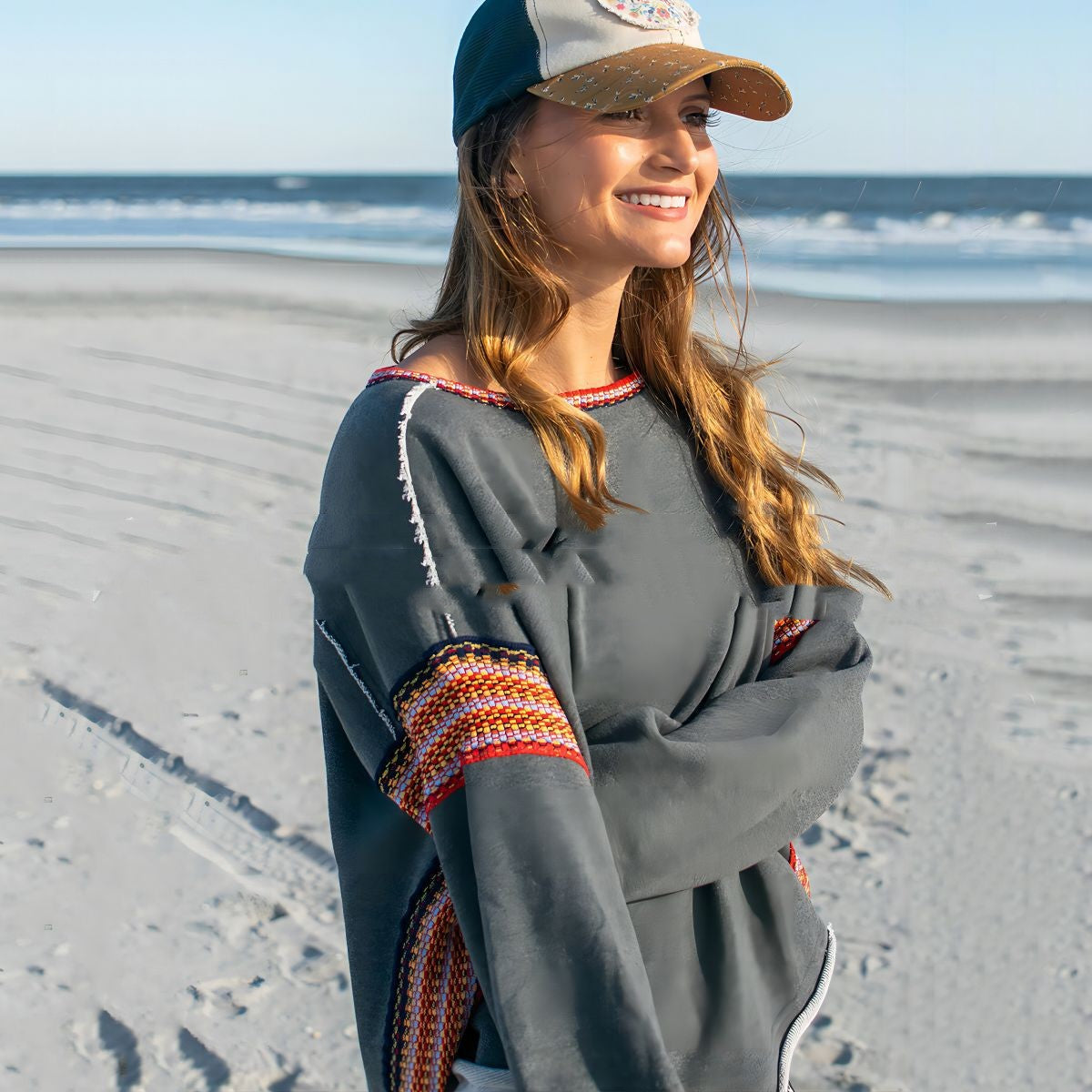 Boho Accented Raw Hem Sweatshirt