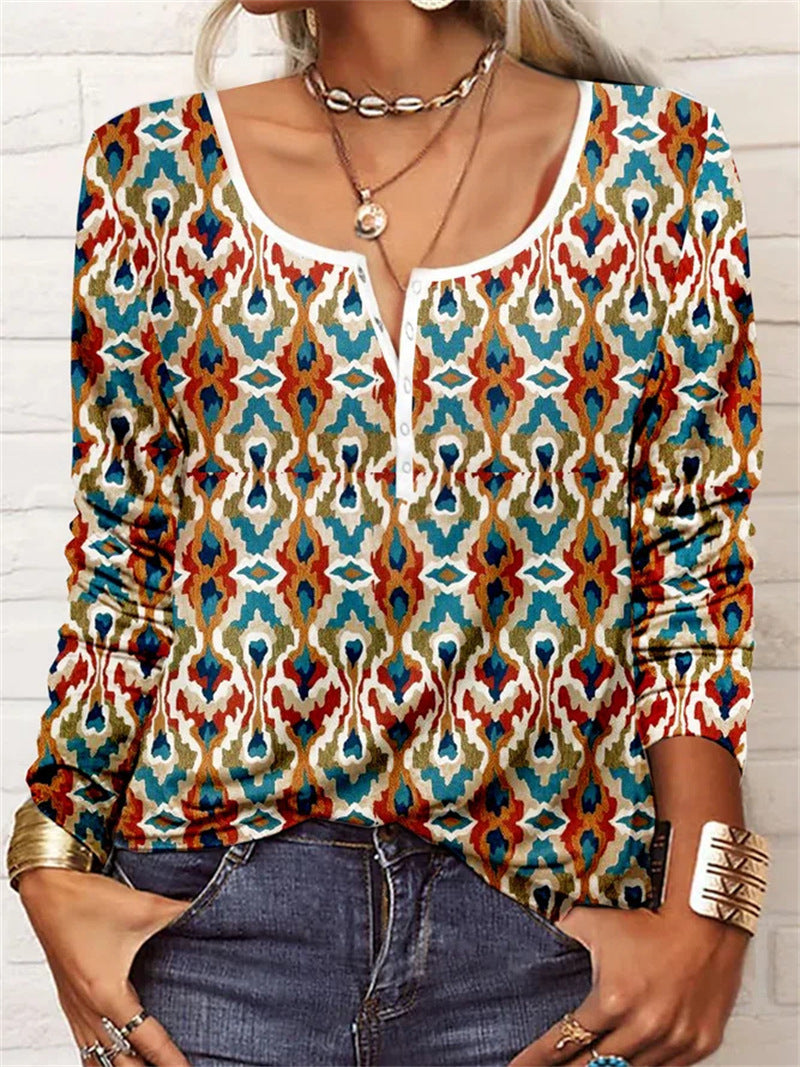 Women's Loose Long Sleeve Geometric Flower Mang U-neck Button T-shirt Women