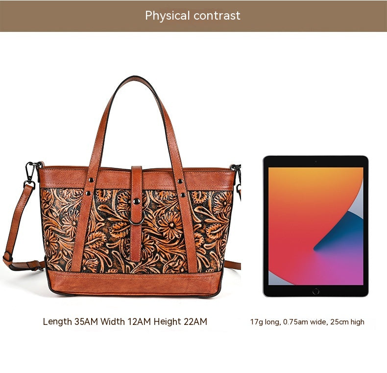 Genuine Hand-carved Leather Large Retro Handbag