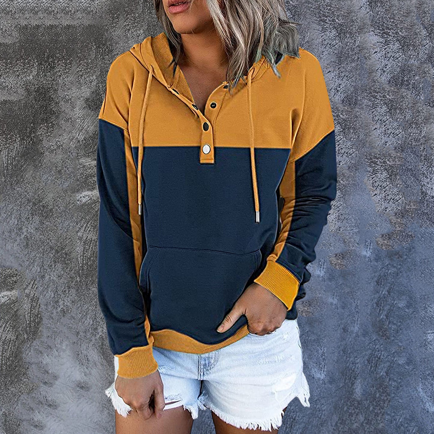 Striped Tie Dye or Color Block Pullover Hoodie with a Buttoned Neckline