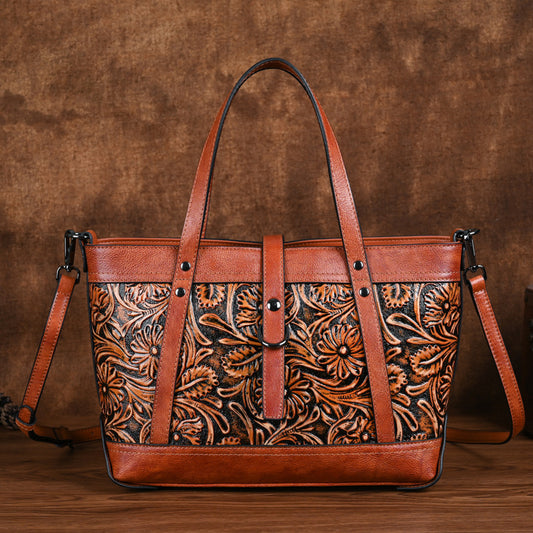 Genuine Hand-carved Leather Large Retro Handbag