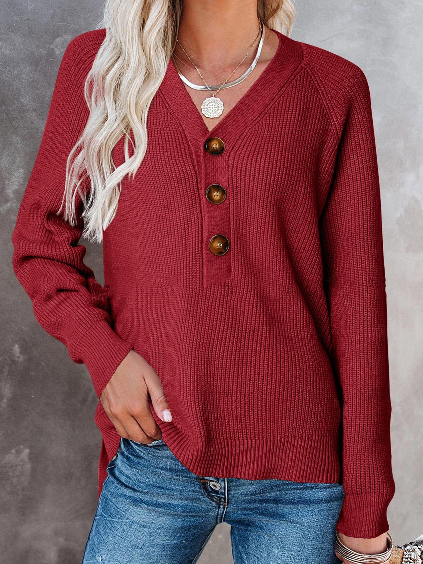 Knitted V-Neck Button Sweater