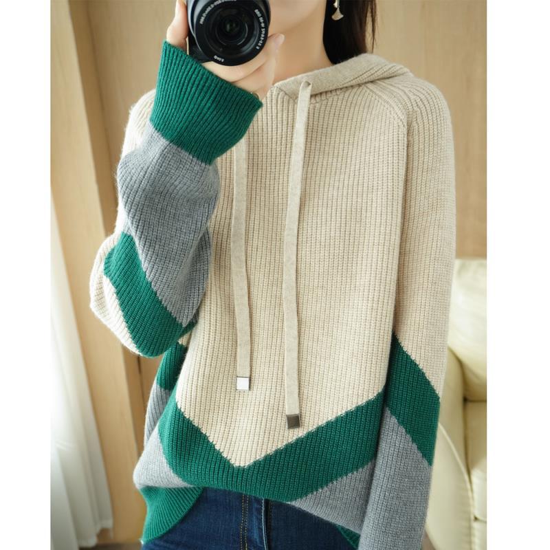 Knitted V-down Color Block Sweater