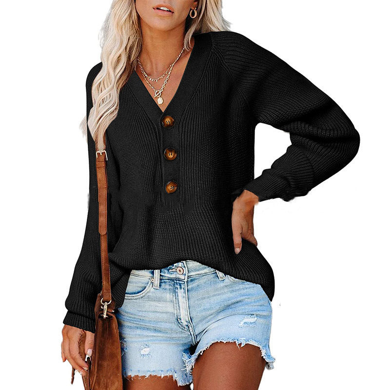 Knitted V-Neck Button Sweater