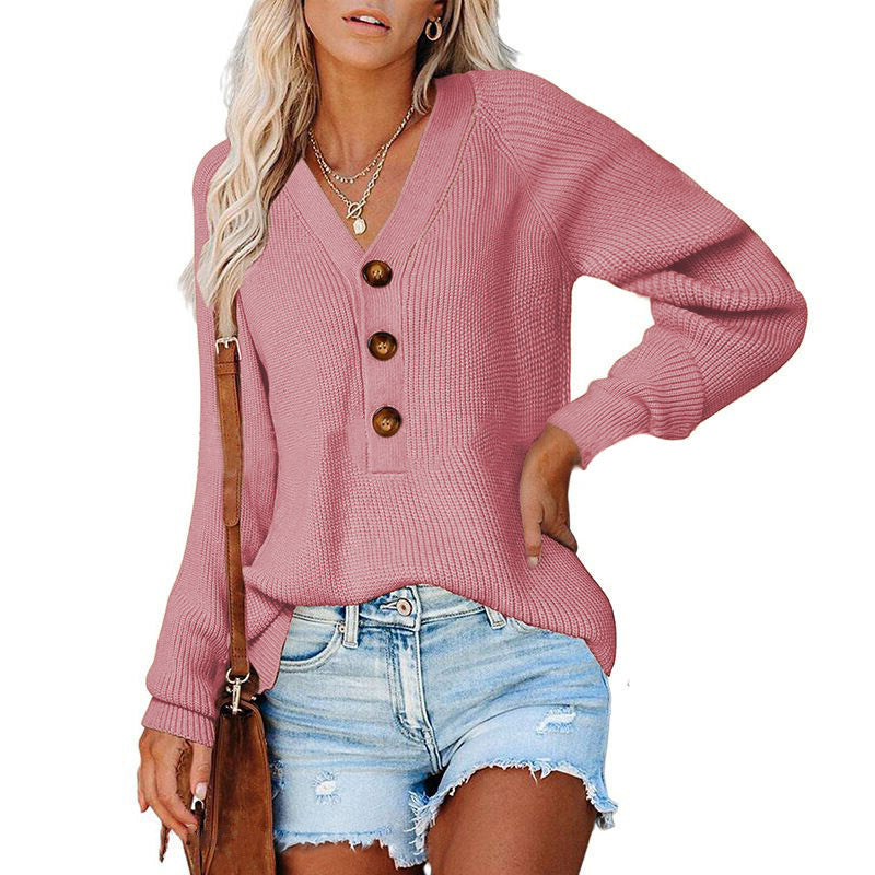 Knitted V-Neck Button Sweater