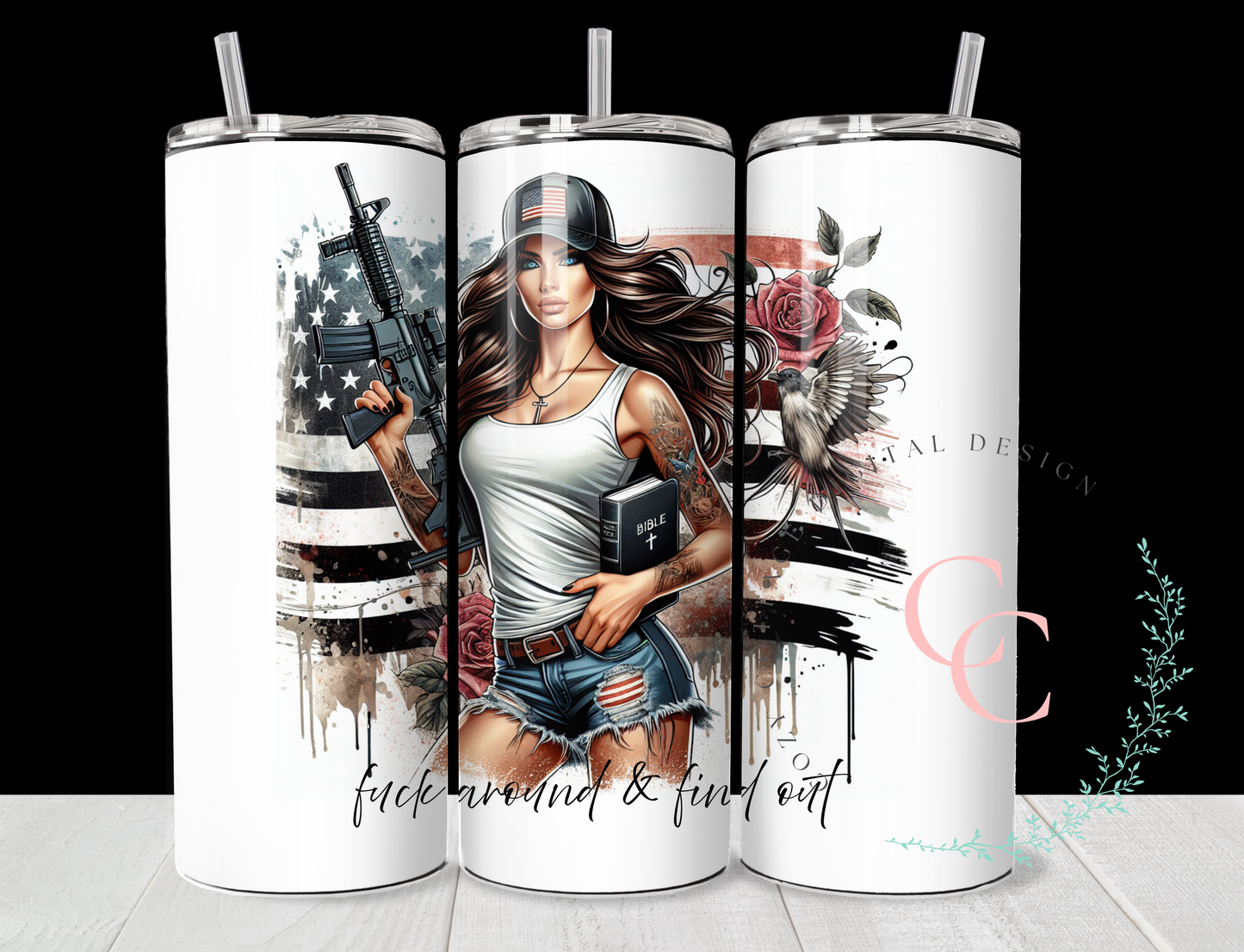 Fuck Around and Find Out Sassy Chic Bible & Gun SEAMLESS 20 Oz Skinny Tumbler