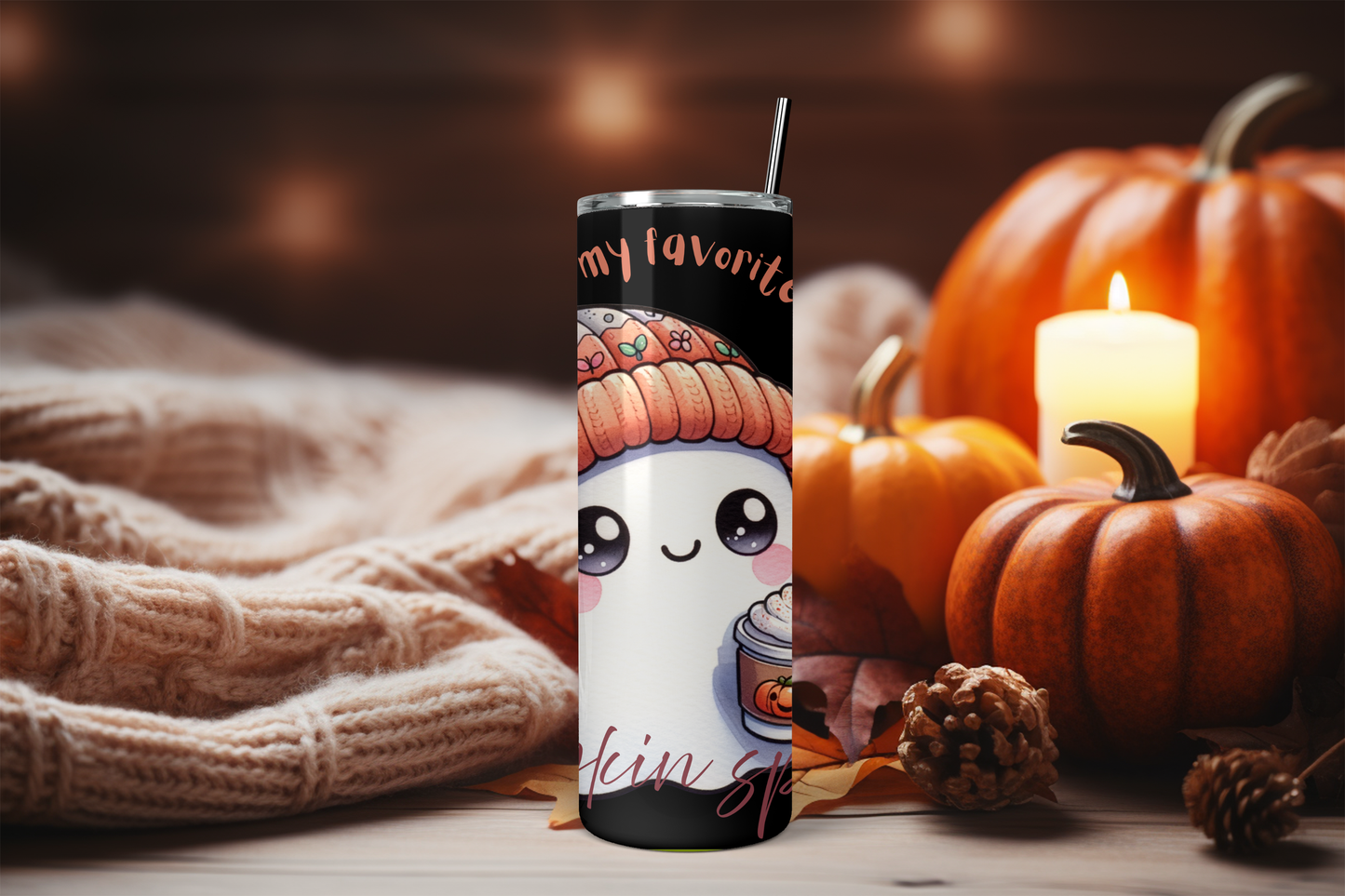 π»βπ My Favorite Season Is Pumpkin Spice β Cute Fall Ghost & Coffee 20 oz Seamless Skinny Tumbler πβπ»