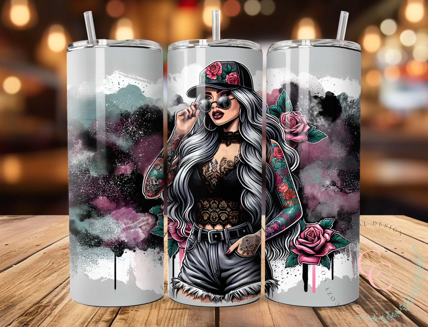 Tattooed Chic With Lace Top and Cutoffs Against a Graffiti Background 20 oz Seamless Skinny Tumbler