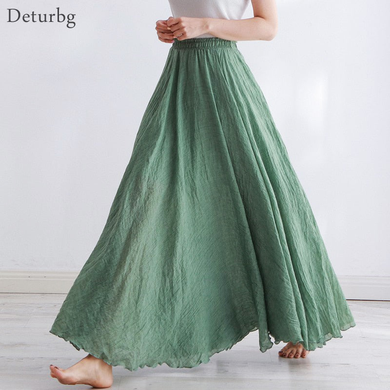High Quality Cotton Linen Maxi Skirt Elastic High Waist Pleated A-Line