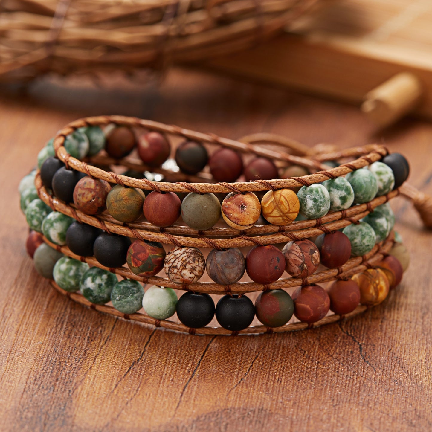 Woven Wrap Volcanic Stone Multi Color Beads Rope Chain Bracelet