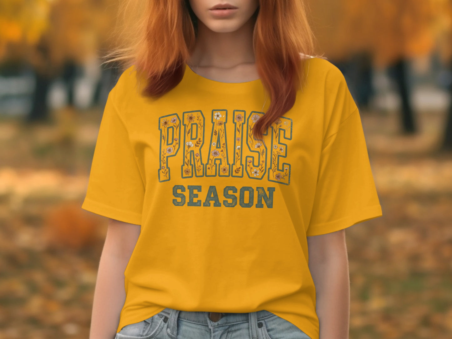 Yellow t-shirt with "PRAISE SEASON" text featuring floral fill and distressed details.