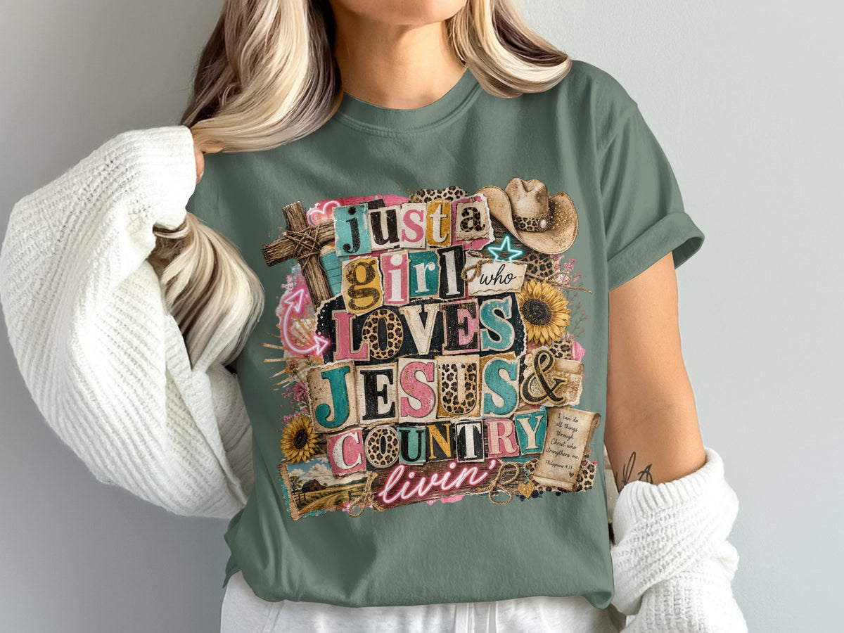 "Just a girl who loves Jesus & country livin'" text with cross, cowboy hat, and sunflowers.
