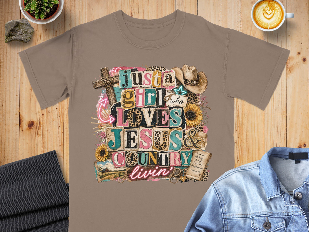 Brown t-shirt graphic: "Just a girl who loves Jesus & country livin'"