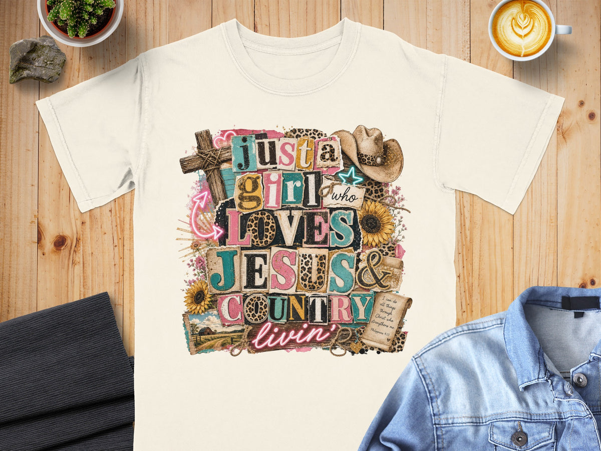 Just a girl who loves Jesus & Country livin' text design with cross, hat, and sunflowers.