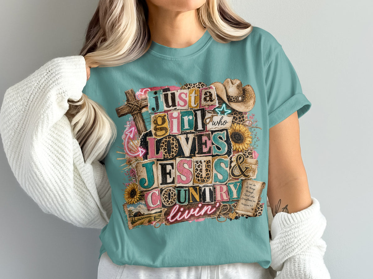 Just a girl who loves Jesus & country livin' graphic tee with cross, cowboy hat, and sunflowers.