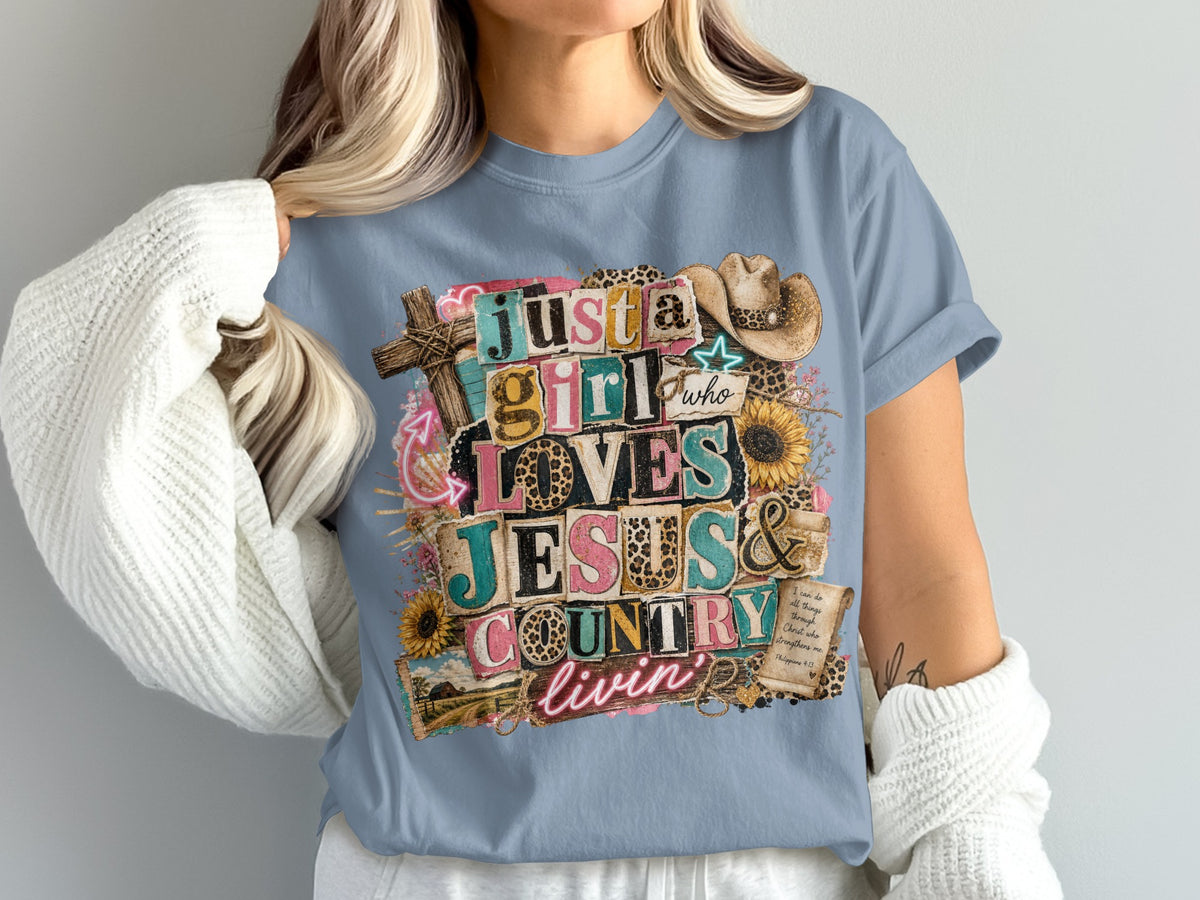 T-shirt graphic: "Just a girl who loves Jesus & country livin'" with Western motifs.