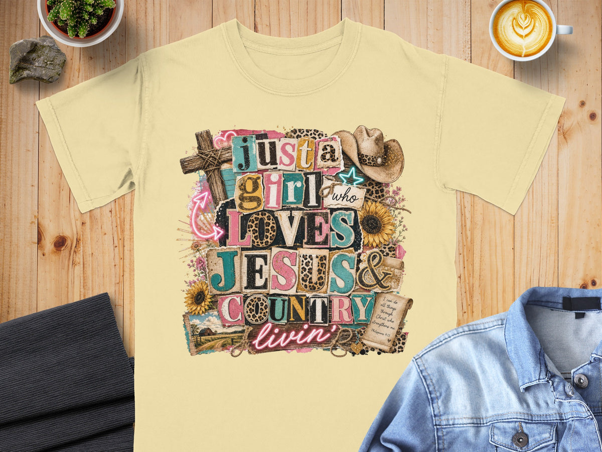 Yellow t-shirt with graphic: Just a girl who loves Jesus & country livin' with scripture.