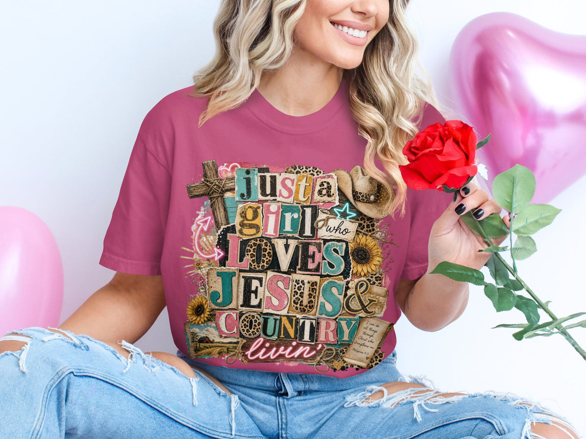 T-shirt graphic with text "Just a girl who loves Jesus & country livin'".