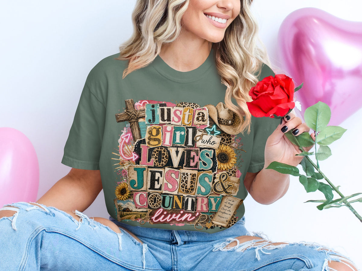 Green t-shirt with "Just a girl who loves Jesus & country livin'" design.