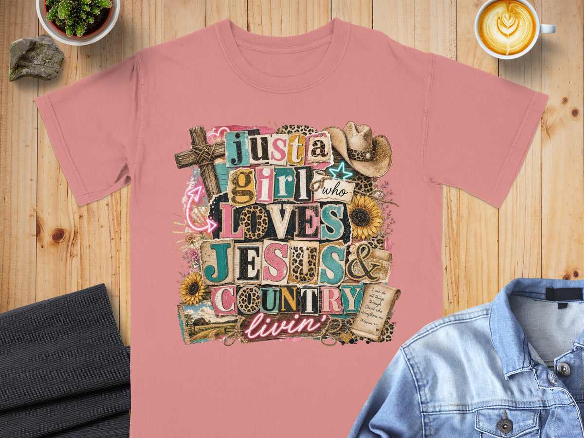 Pink t-shirt with graphic text "Just a girl who loves Jesus & country livin'".