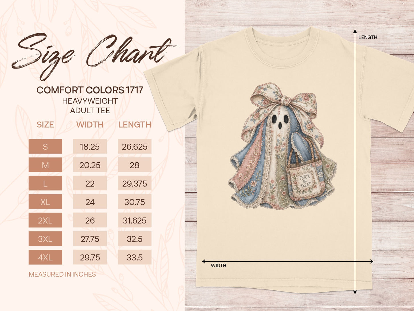 Size chart for Comfort Colors 1717 adult tee with ghost graphic and "Trick or Treat" bag.