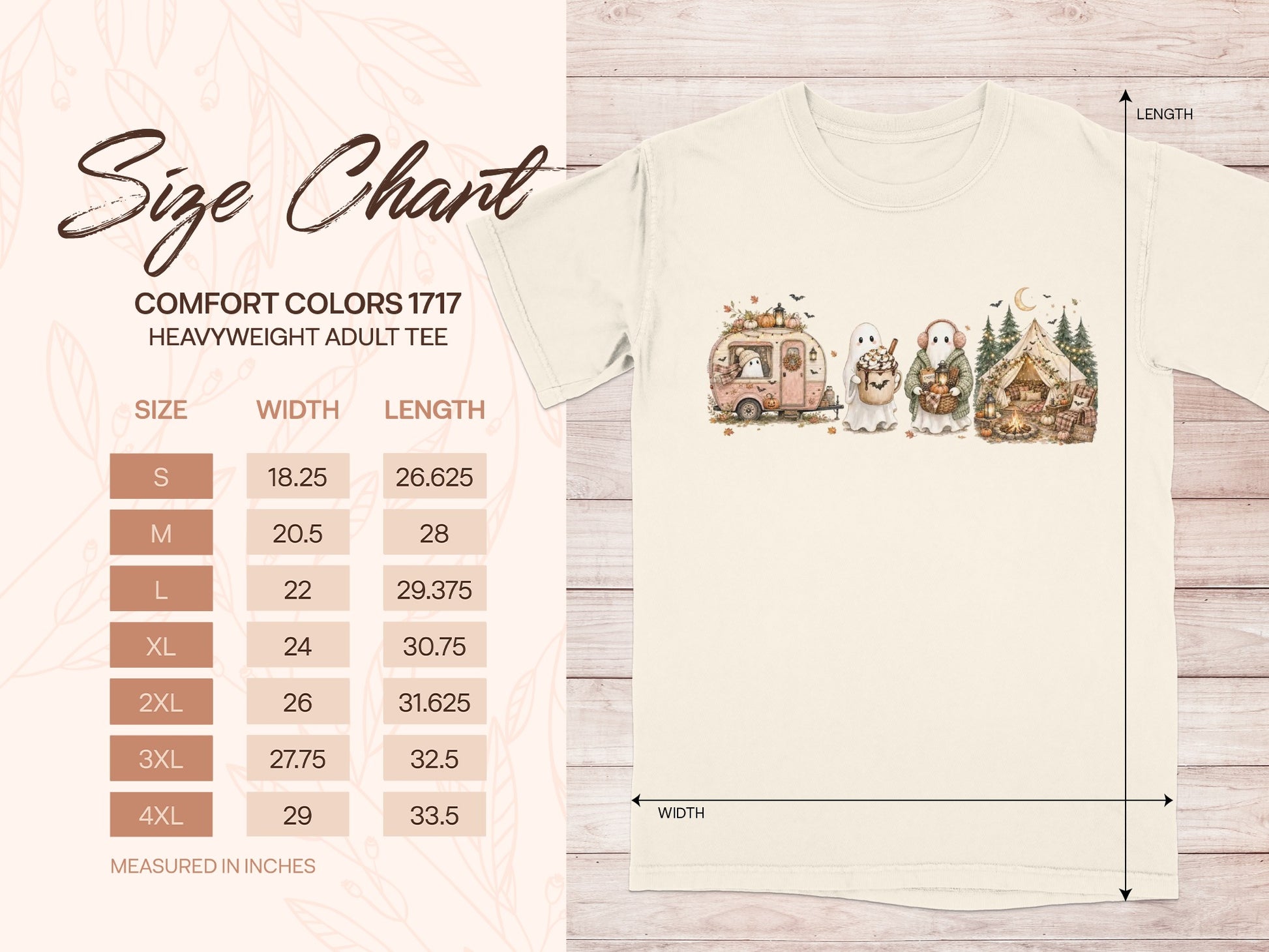 Size chart for Comfort Colors 1717 heavyweight adult tee with measurements.