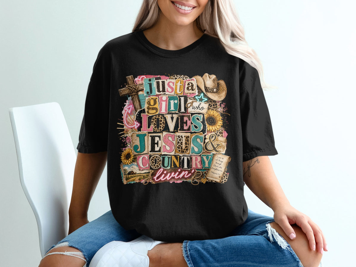 Black t-shirt with "just a girl who loves Jesus & country livin'" text and country graphics.