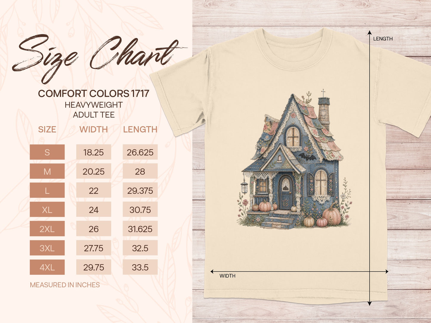 Comfort Colors 1717 adult heavyweight tee size chart with measurements in inches.