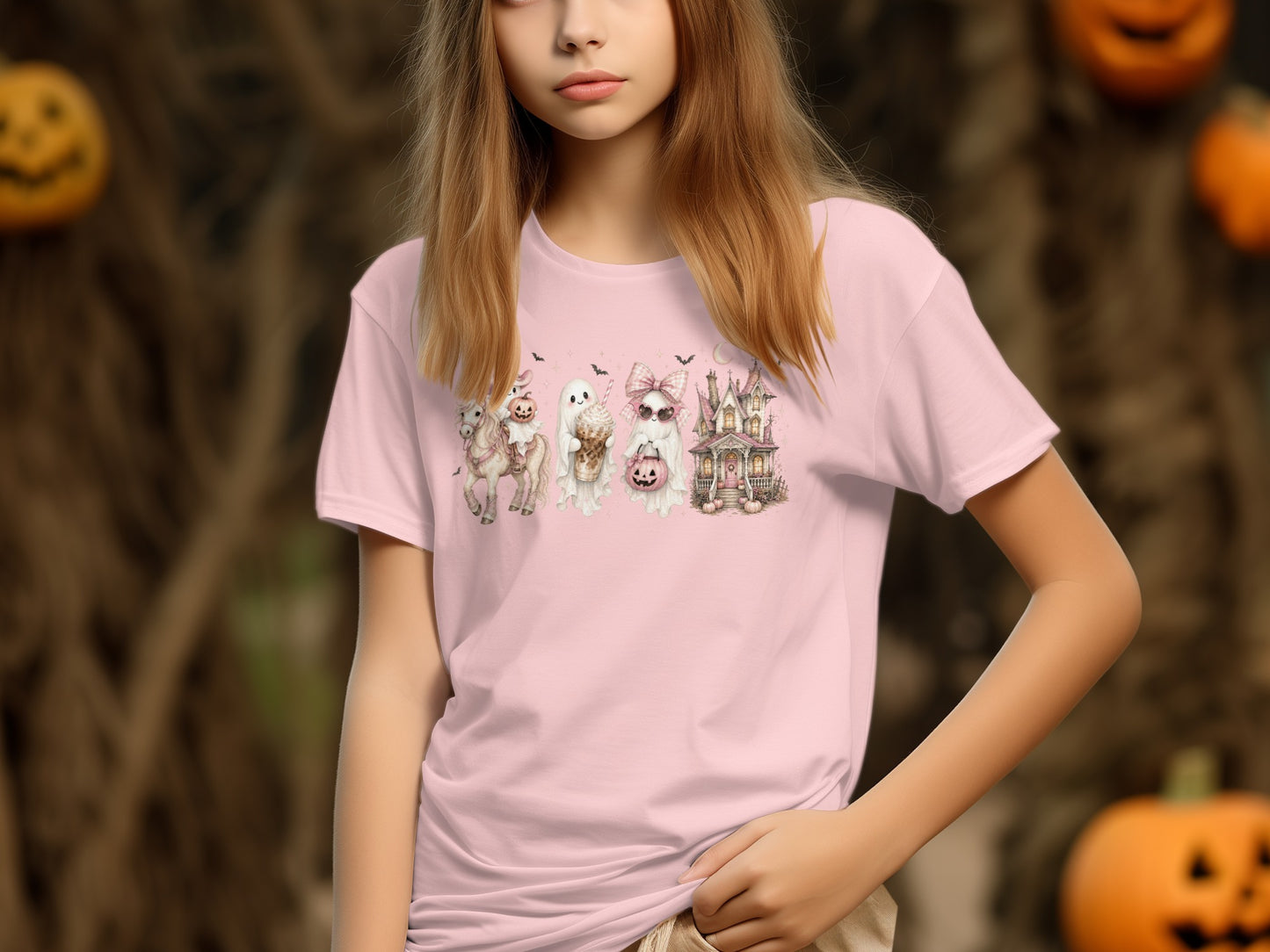 Pink t-shirt with Halloween graphic featuring a unicorn, ghosts, and haunted house.