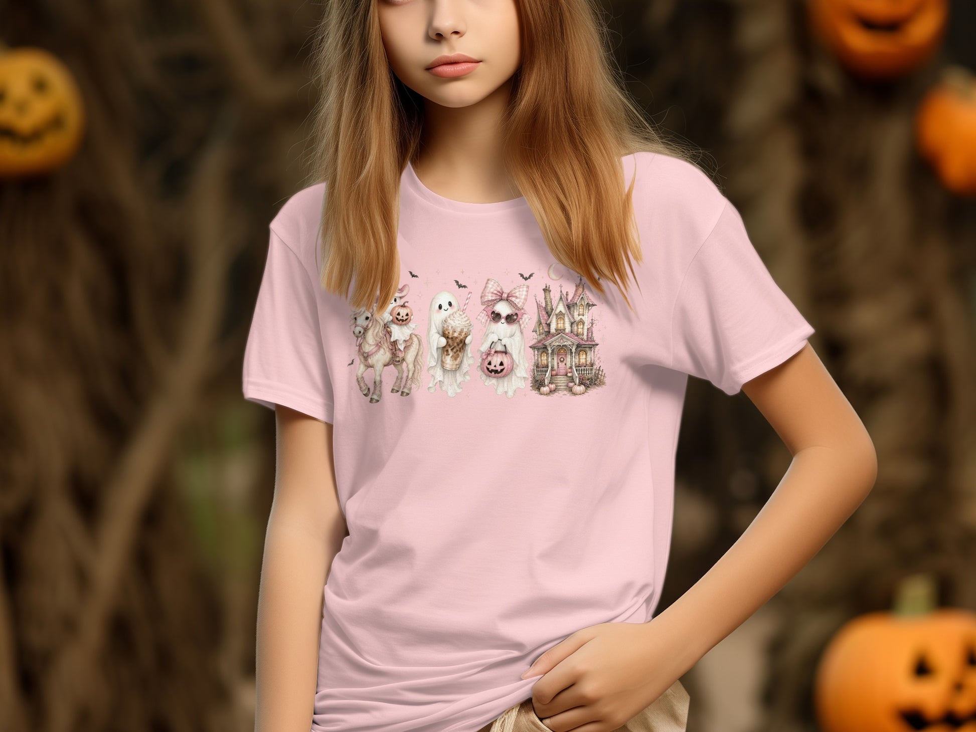 Pink t-shirt with Halloween graphic featuring a unicorn, ghosts, and haunted house.
