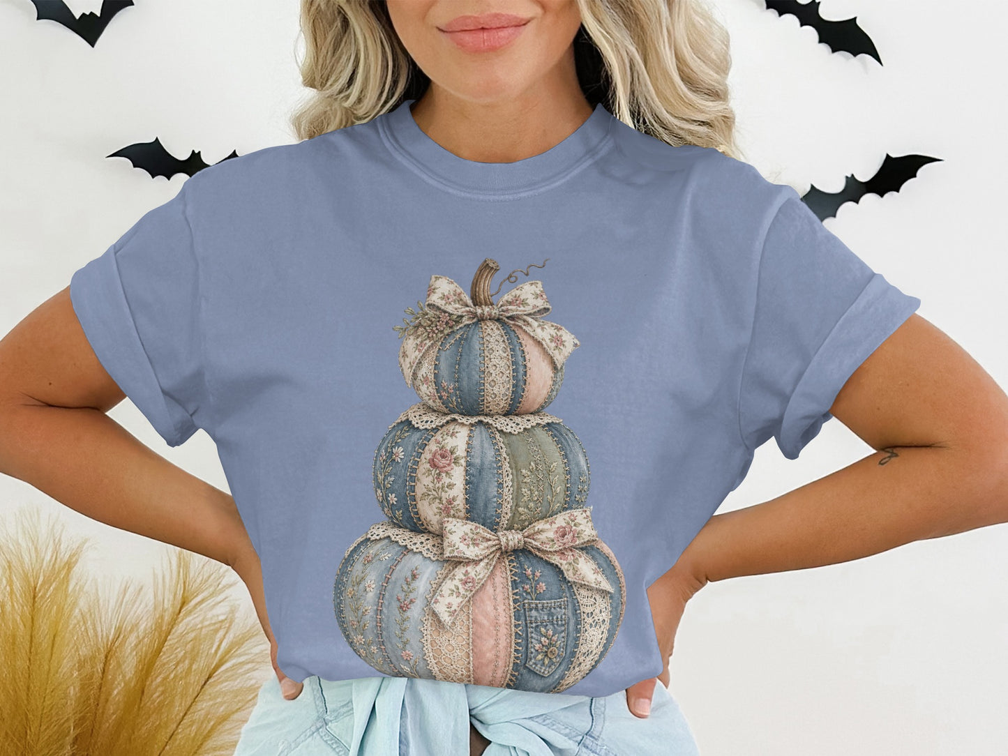 Light blue t-shirt with stacked pumpkins graphic, featuring lace and floral accents.
