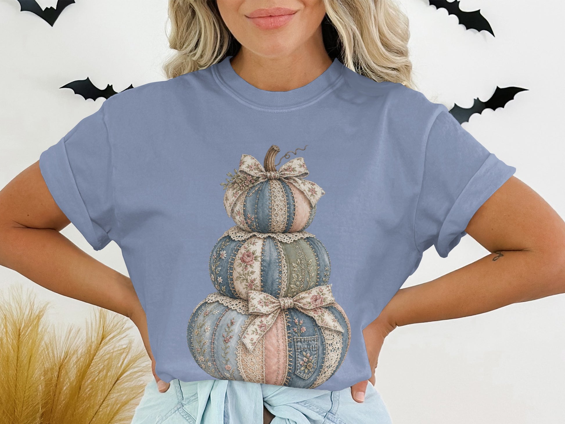 Light blue t-shirt with stacked pumpkins graphic, featuring lace and floral accents.