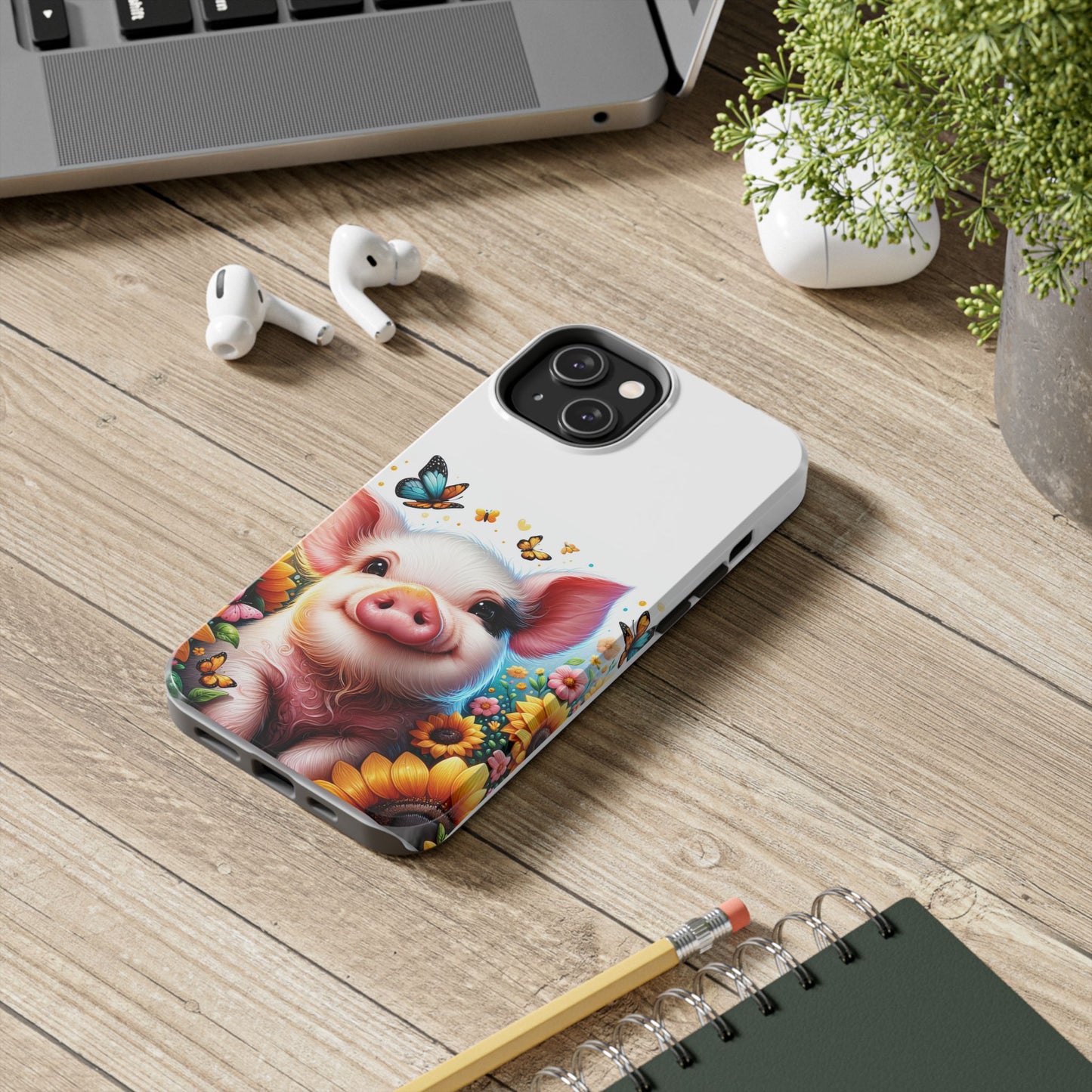 Cute Pig Surrounded With Sunflowers and Butterflies Phone Case