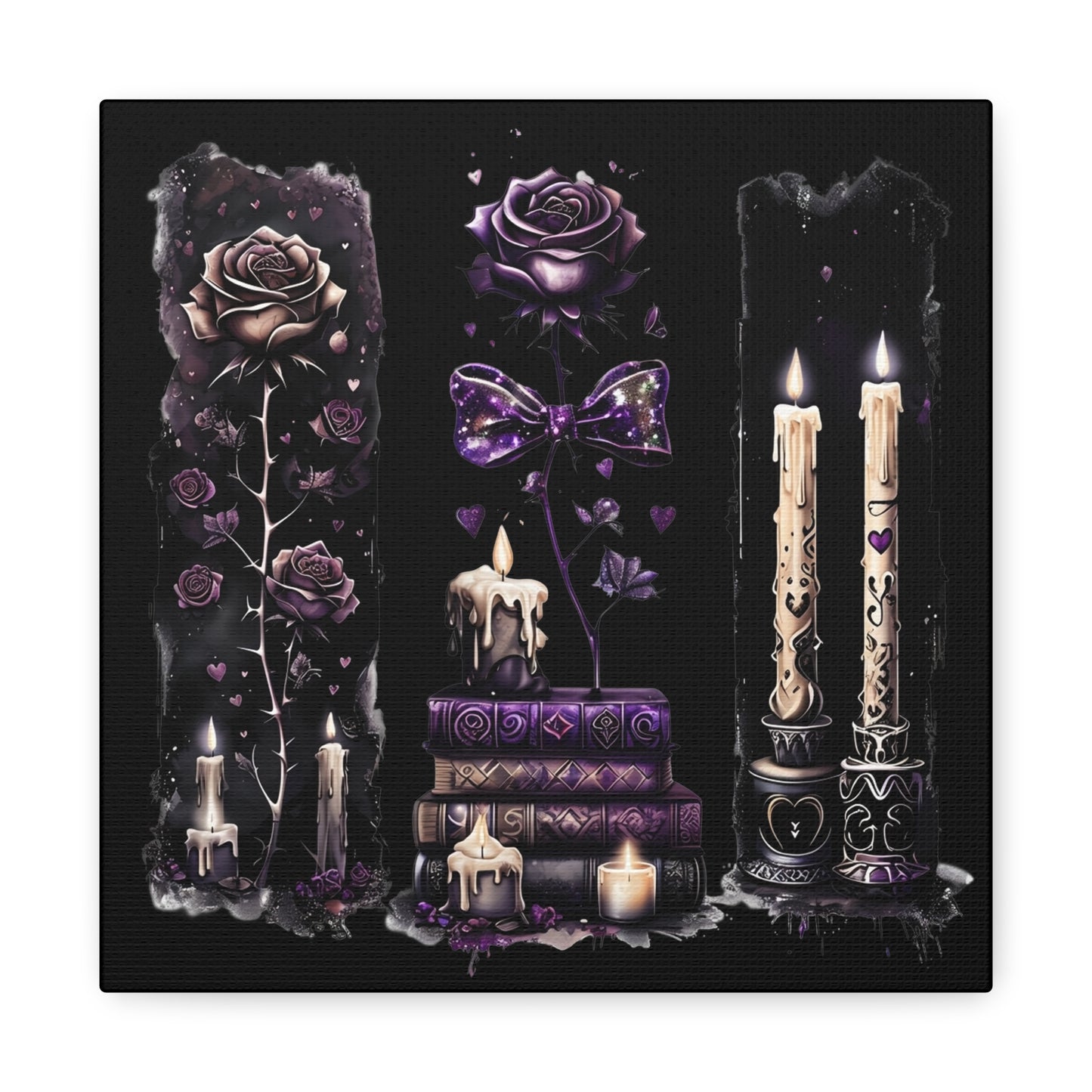 Gothic Booklover Canvas Print — Dark Roses & Stacked Books Wall Art