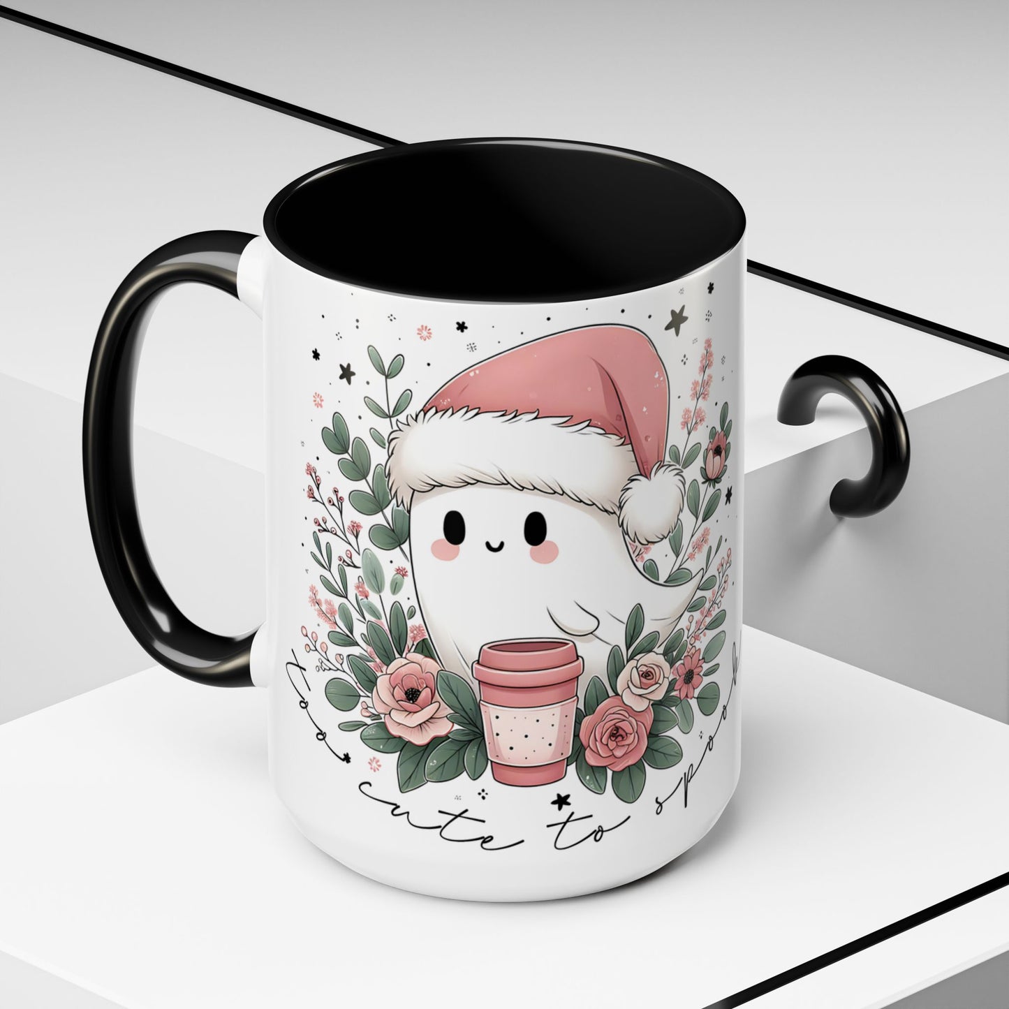Too Cute to Spook Mug | Ghost with Pink Santa Hat & Coffee | Pastel Christmas Holiday Mug