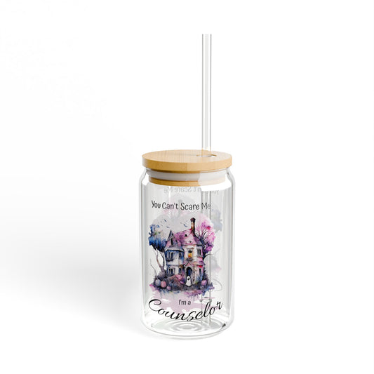 You Can't Scare Me I'm a Counselor Sipper Glass Can Featuring a Cute Watercolor Haunted House with Halloween Elements, 16oz