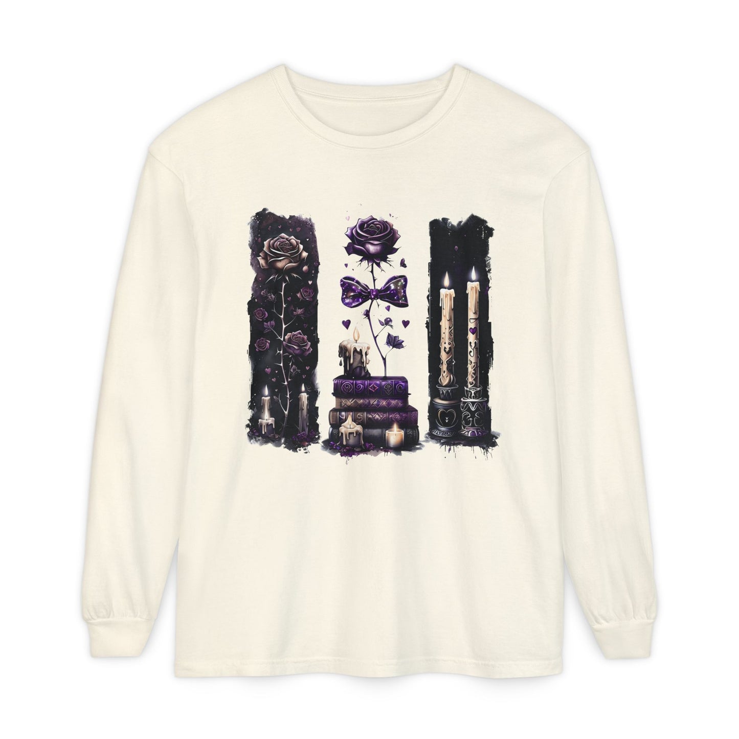 Gothic Witchcraft Long Sleeve Tee – Dark Roses, Candles & Book Lover