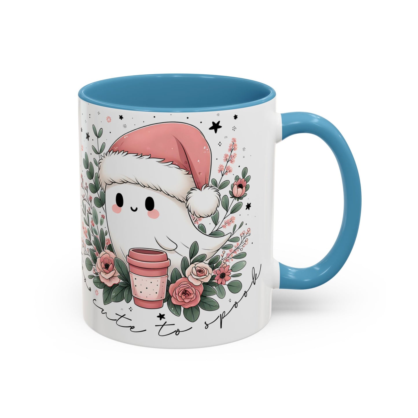 Too Cute to Spook Mug | Ghost with Pink Santa Hat & Coffee | Pastel Christmas Holiday Mug