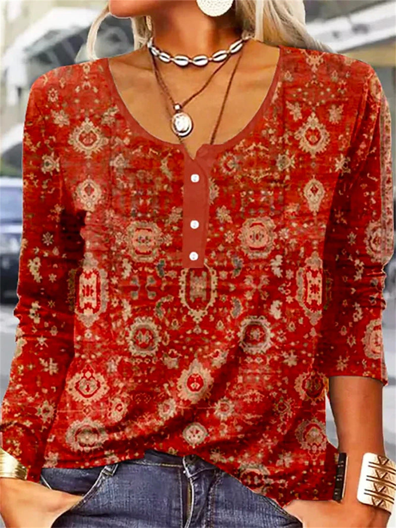 Women's Loose Long Sleeve Geometric Flower Mang U-neck Button T-shirt Women
