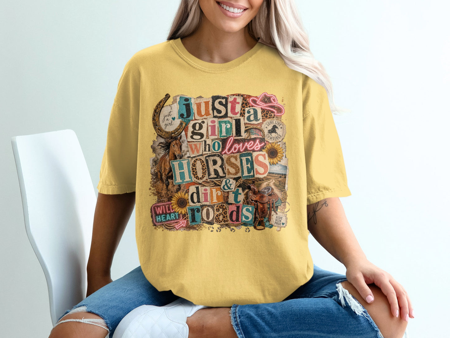Yellow t-shirt with "Just a girl who loves horses & dirt roads" collage design.