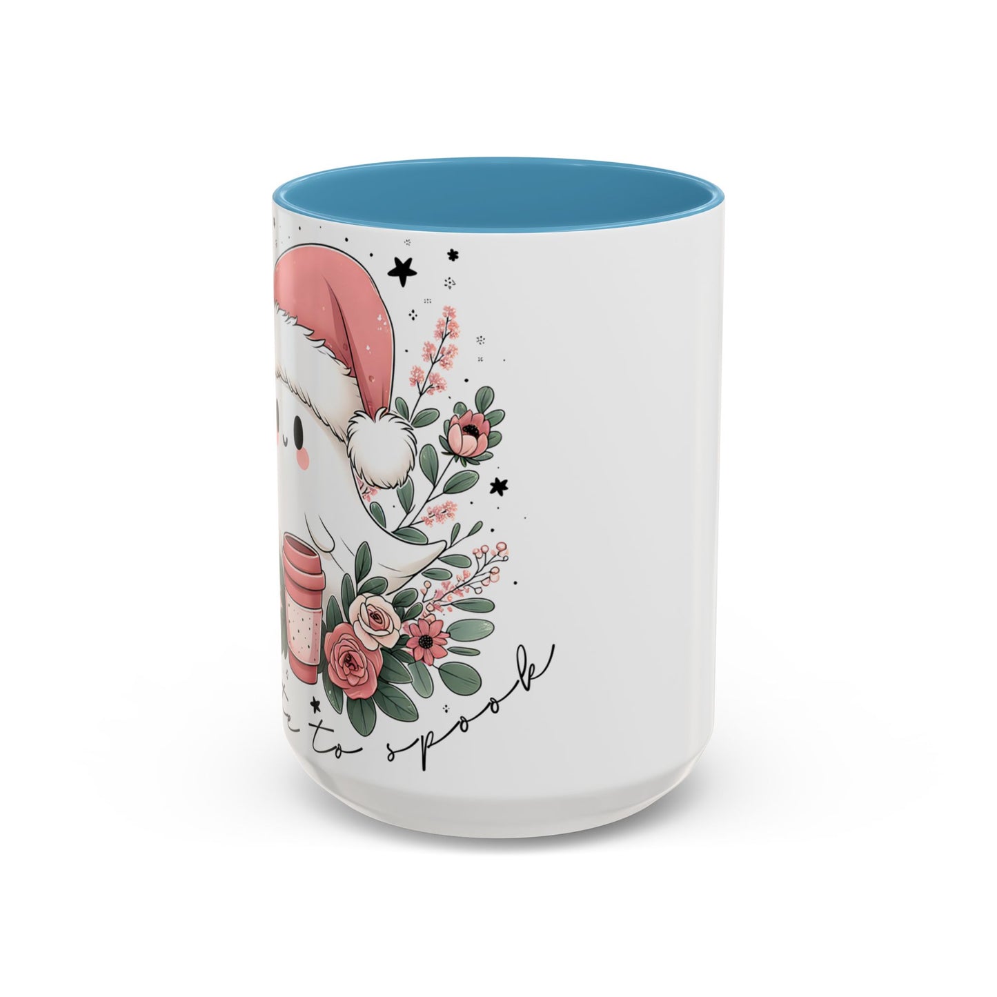 Too Cute to Spook Mug | Ghost with Pink Santa Hat & Coffee | Pastel Christmas Holiday Mug
