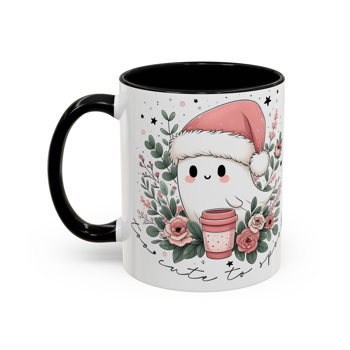 Too Cute to Spook Mug | Ghost with Pink Santa Hat & Coffee | Pastel Christmas Holiday Mug