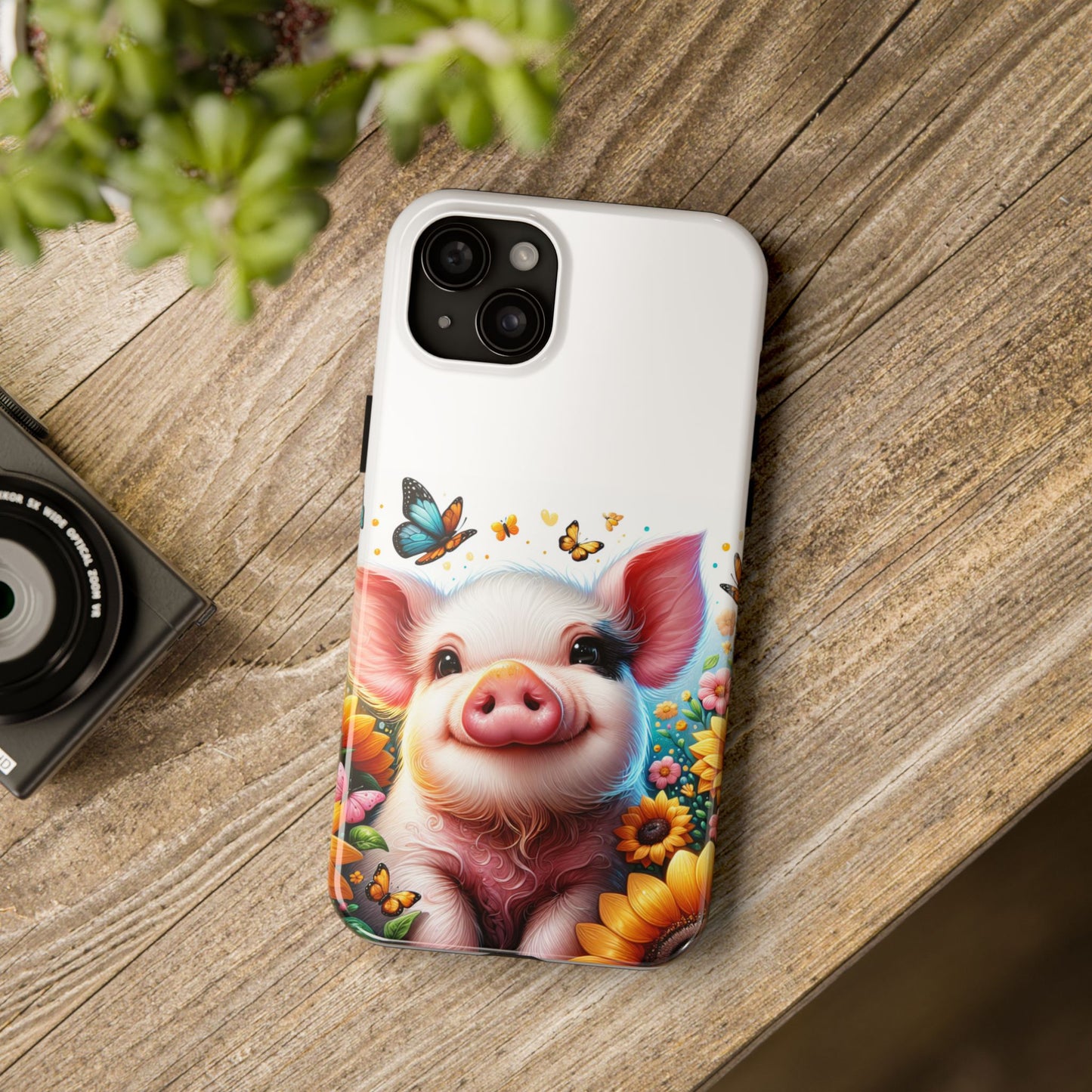 Cute Pig Surrounded With Sunflowers and Butterflies Phone Case