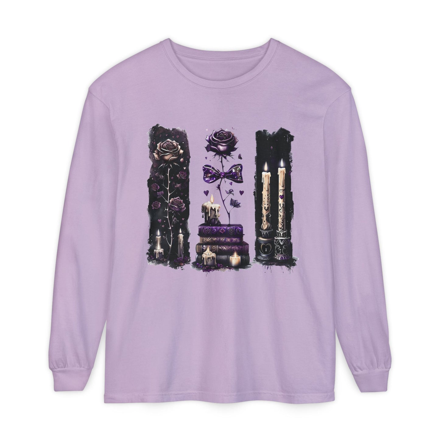 Gothic Witchcraft Long Sleeve Tee – Dark Roses, Candles & Book Lover