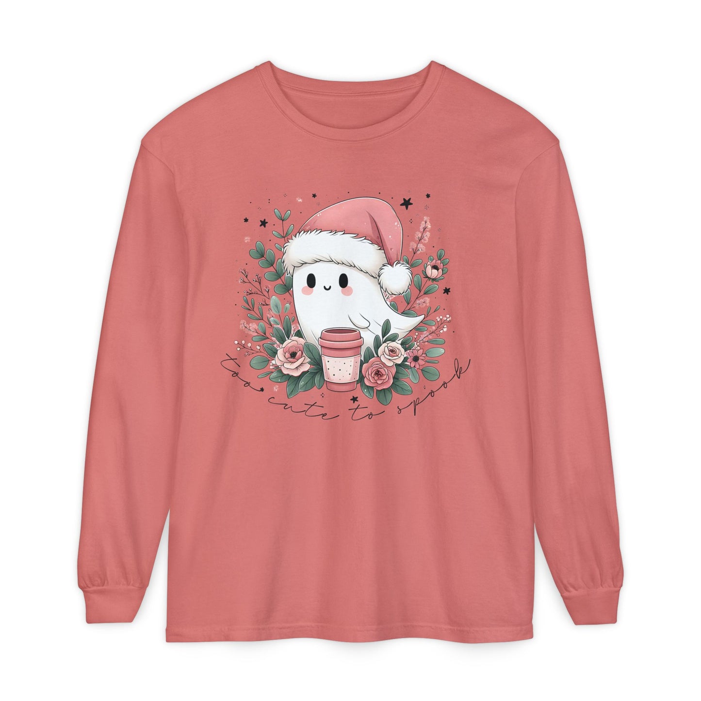 Too Cute to Spook Long Sleeve T-Shirt, Watercolor Ghost with Pink Santa Hat, Coffee & Florals, Pastel Christmas Holiday Apparel