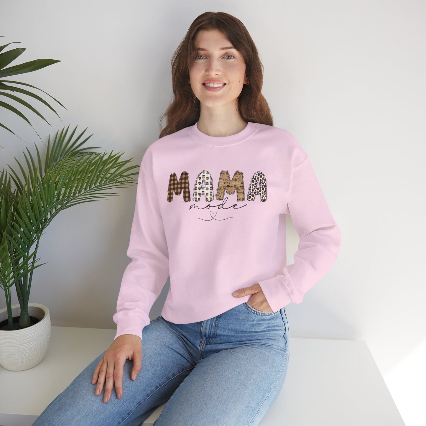 Mama Mode Sweatshirt | Cozy Gift for Moms, Casual Wear, Birthday, Mother's Day, Everyday Comfort, Mom Life, Coffee Lovers, Leopard Print, Cozy Plaid