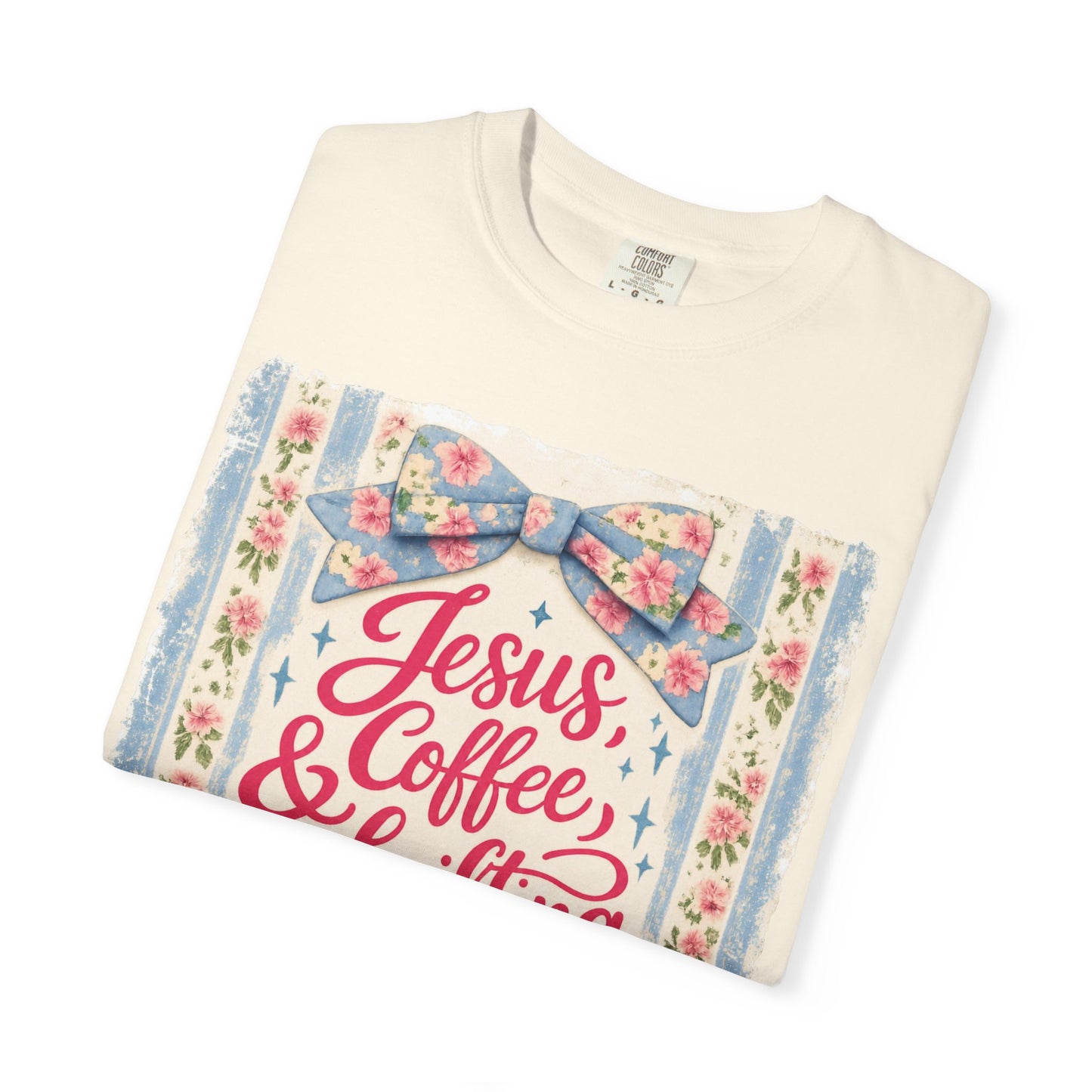 Jesus, Coffee & Thrifting Tee — Antique Fresh Brew Faith Shirt with Stripes & Bow