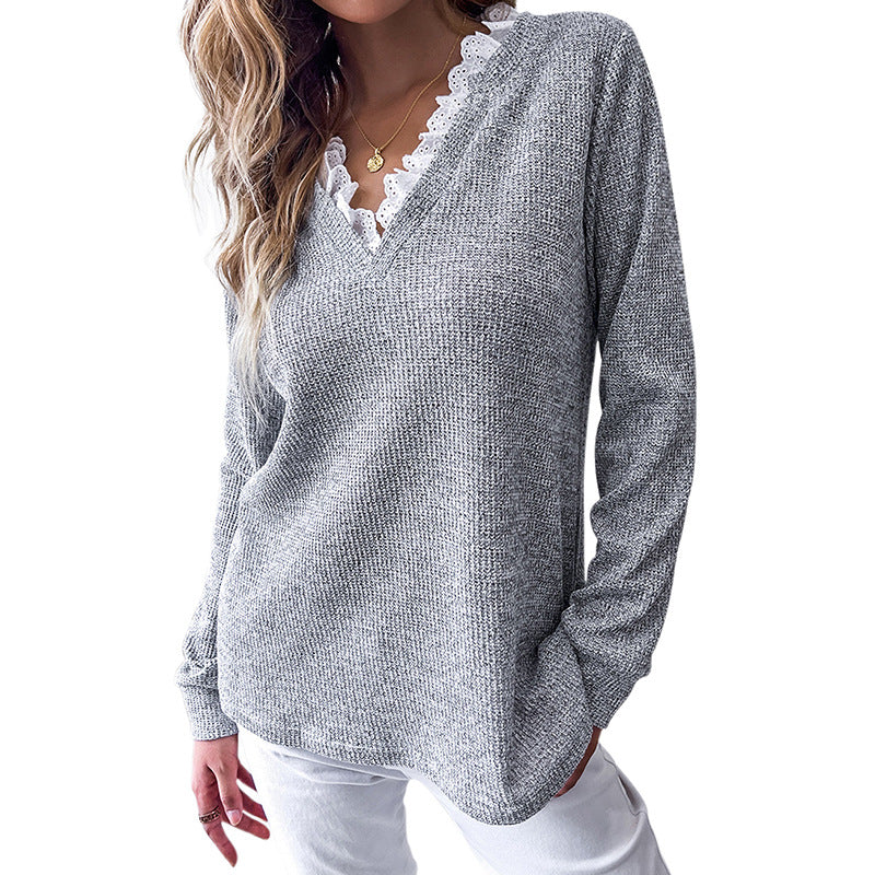 Solid Color Loose Pullover V-neck Long Sleeved T-shirt Women's Top