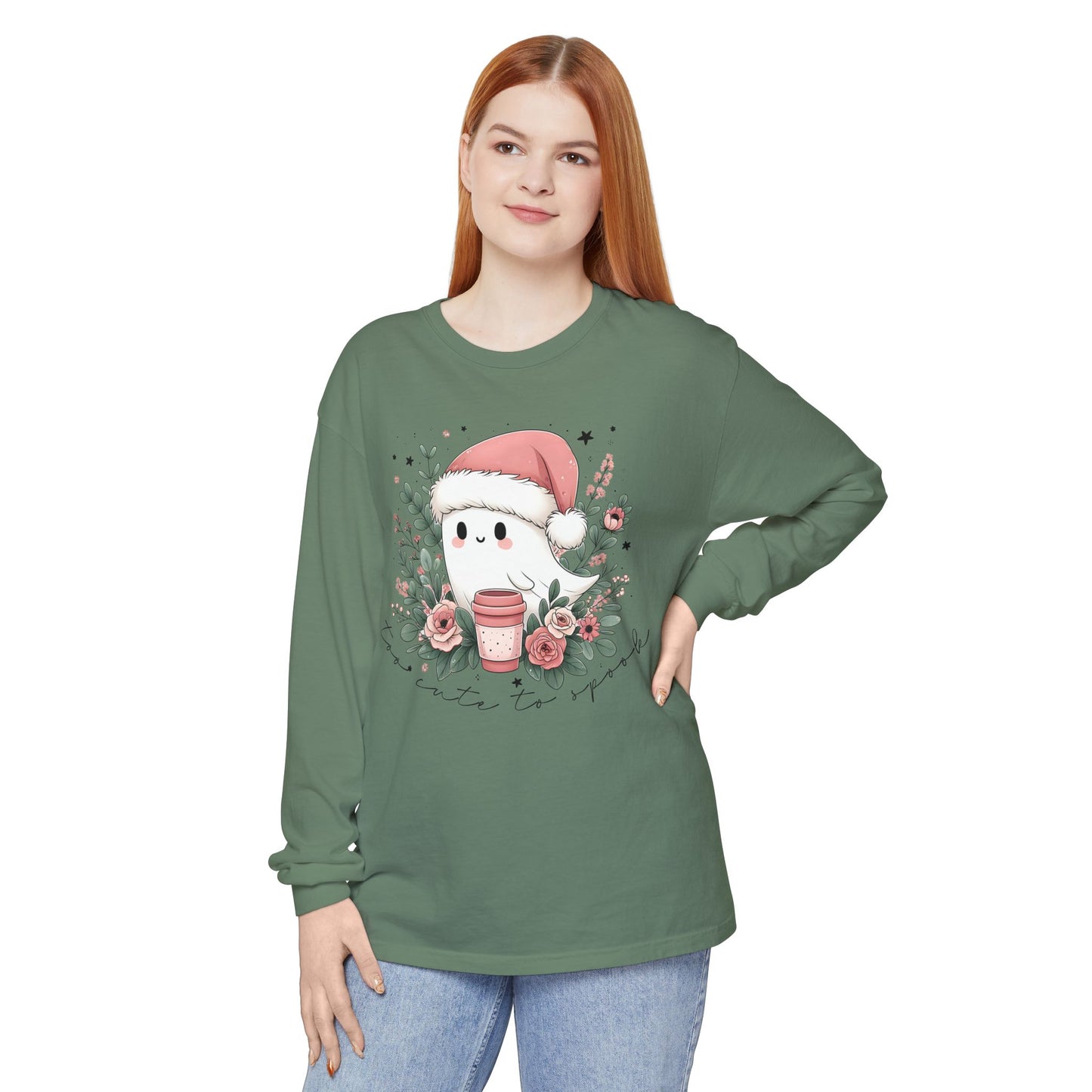 Too Cute to Spook Long Sleeve T-Shirt, Watercolor Ghost with Pink Santa Hat, Coffee & Florals, Pastel Christmas Holiday Apparel