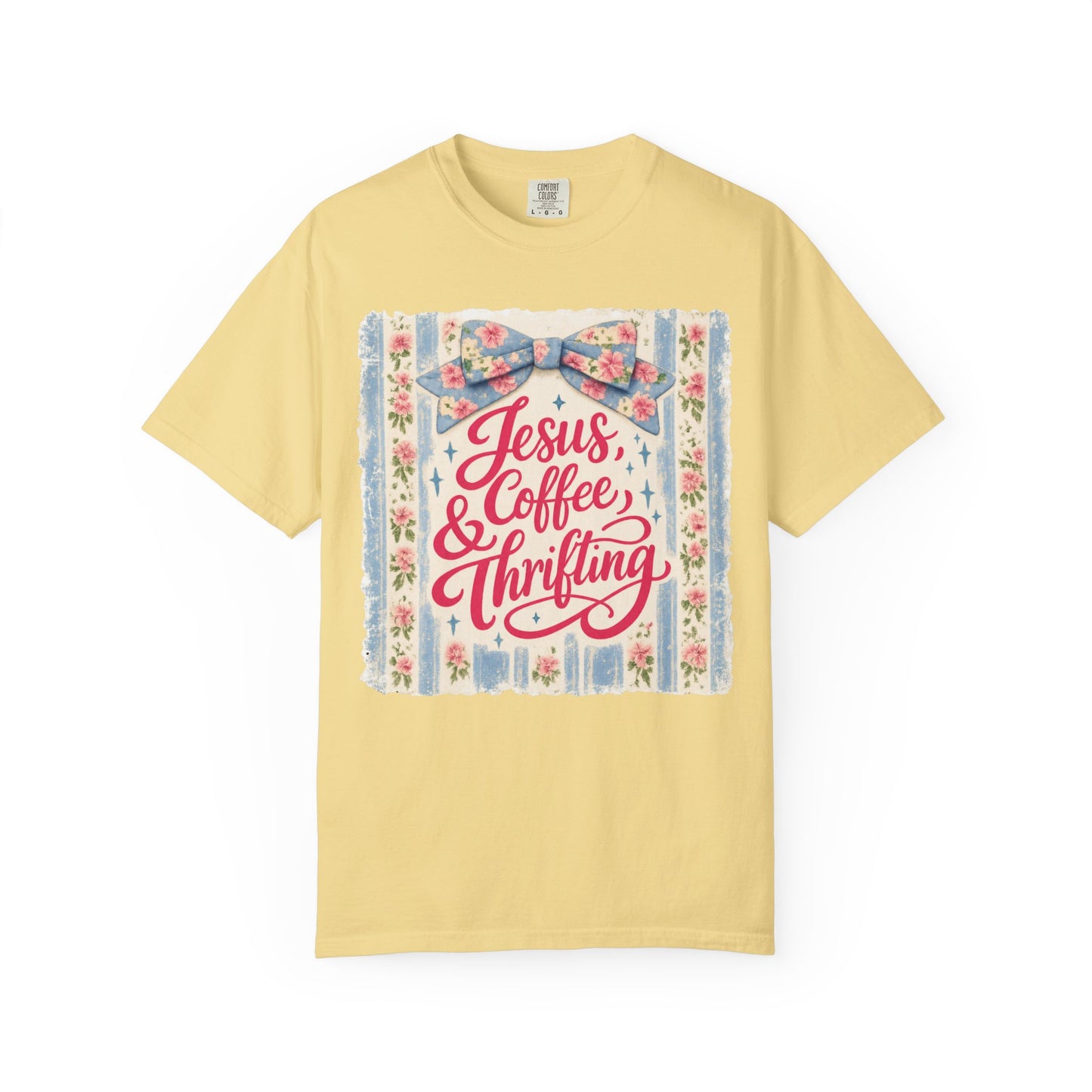 Jesus, Coffee & Thrifting Tee — Antique Fresh Brew Faith Shirt with Stripes & Bow